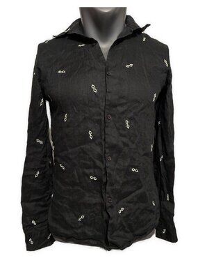 jupe by Jackie mens Hand Embroidered Black White Long Sleeve 100% linen shirt M